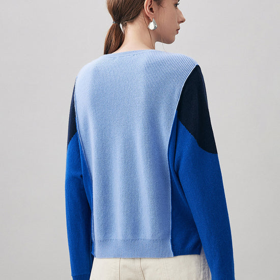 COMOBOCA 100% Cashmere Women's Color Block Round Neck Knit Sweater