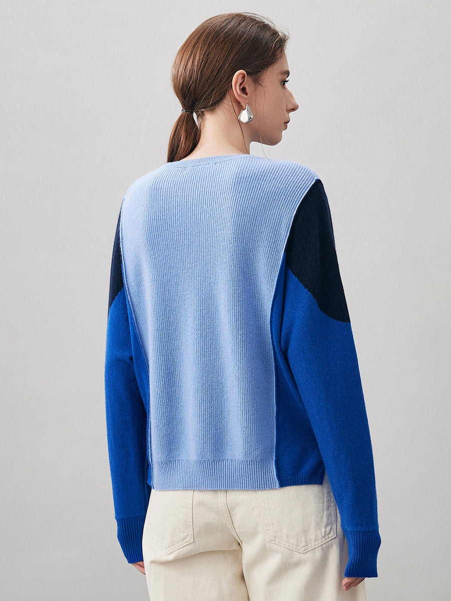 COMOBOCA 100% Cashmere Women's Color Block Round Neck Knit Sweater