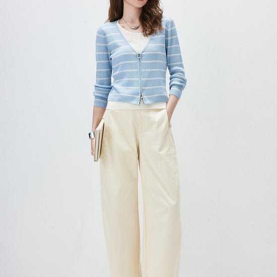 COMOBOCA Women's Striped Ribbed Knit Faux 2-in-1 Zip Cardigan