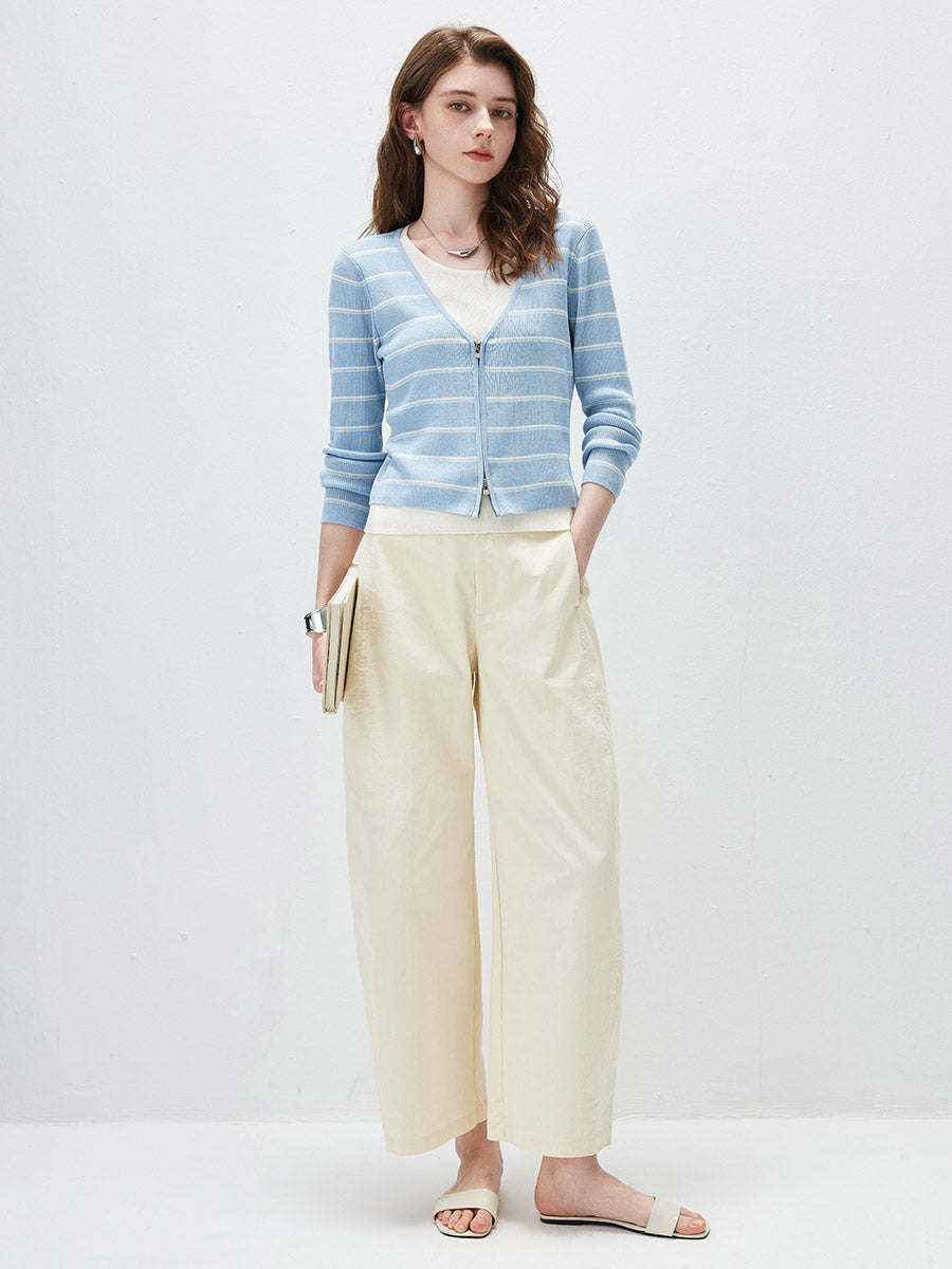 COMOBOCA Women's Striped Ribbed Knit Faux 2-in-1 Zip Cardigan