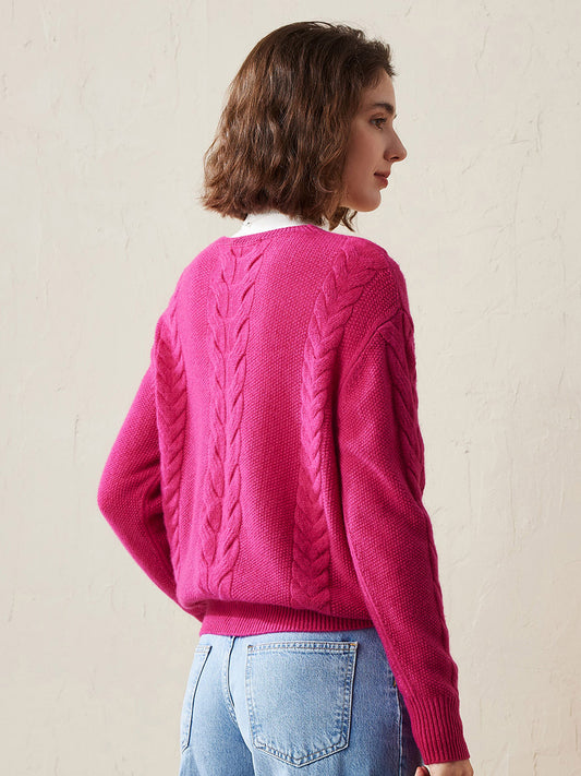 COMOBOCA 100% Cashmere Women's Cable Knit V-Neck Sweater