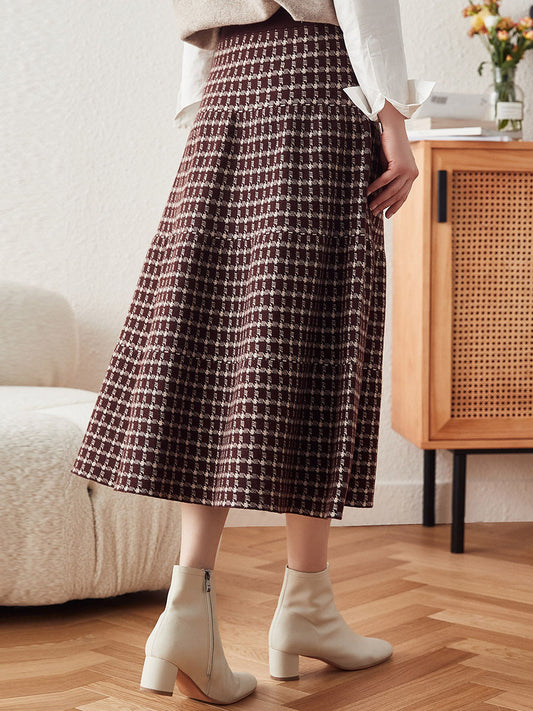 COMOBOCA Women's Plaid Wool Knit A Line Skirt