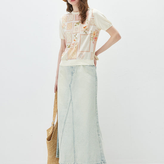 COMOBOCA Women's Mixed Print Short Sleeve Knit Top