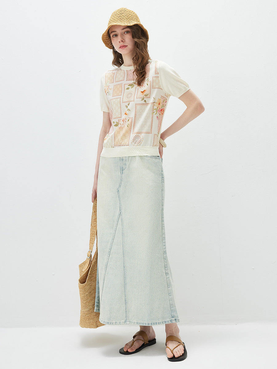 COMOBOCA Women's Mixed Print Short Sleeve Knit Top