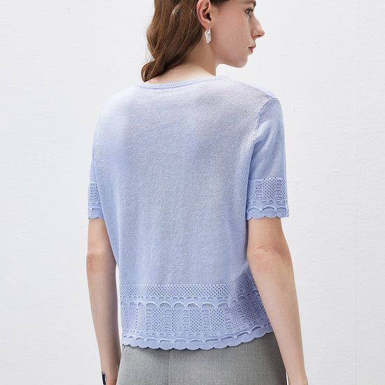 COMOBOCA Women's Scalloped Lace Trim Knit T-Shirt