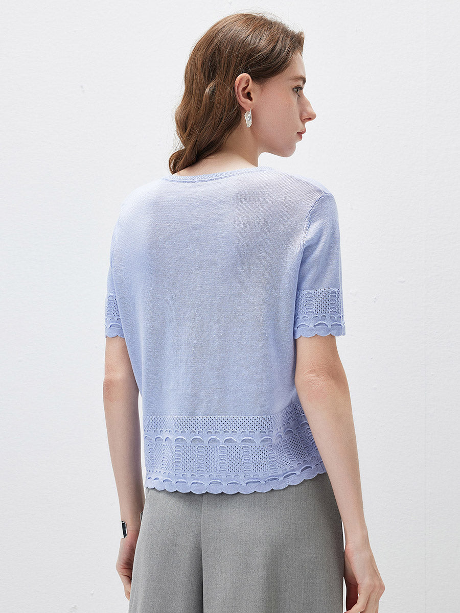 COMOBOCA Women's Scalloped Lace Trim Knit T-Shirt