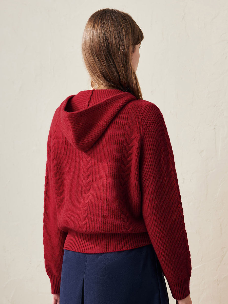 COMOBOCA 100% Wool Women's Cardigan Cable Knit Hoodie