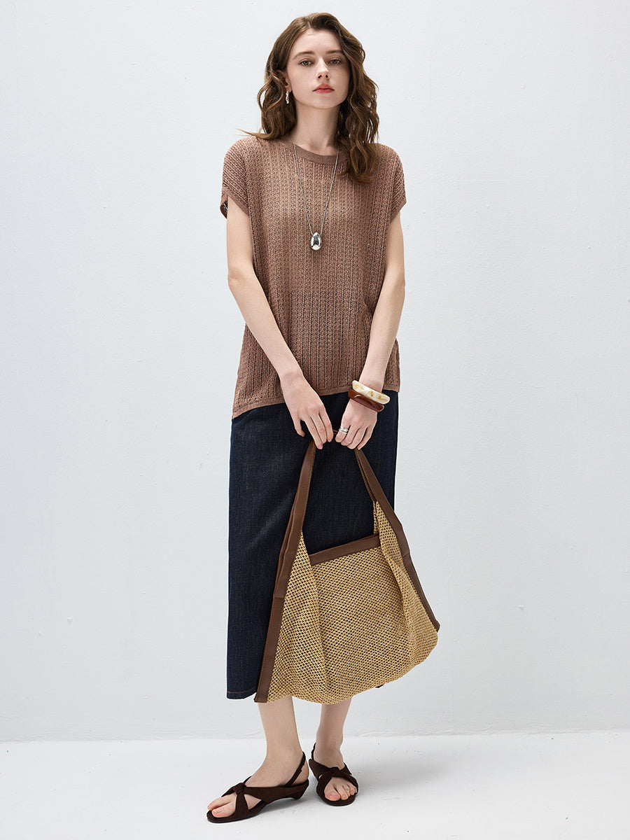 COMOBOCA Women's Openwork Side Slit Knit Top