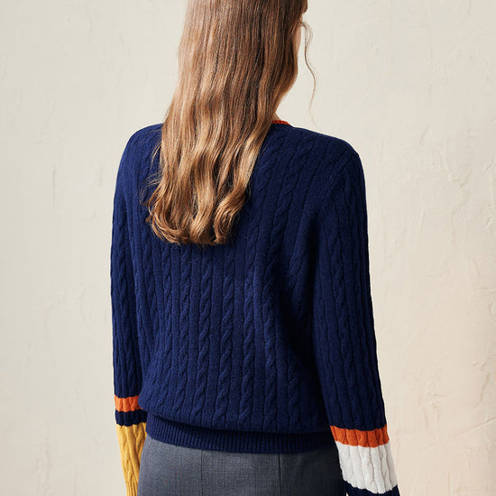 COMOBOCA 100% Wool Women's Colorblock Cable Knit Sweater