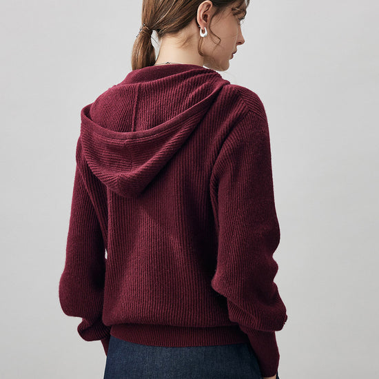COMOBOCA 100% Cashmere Women's Ribbed Knit Hoodie