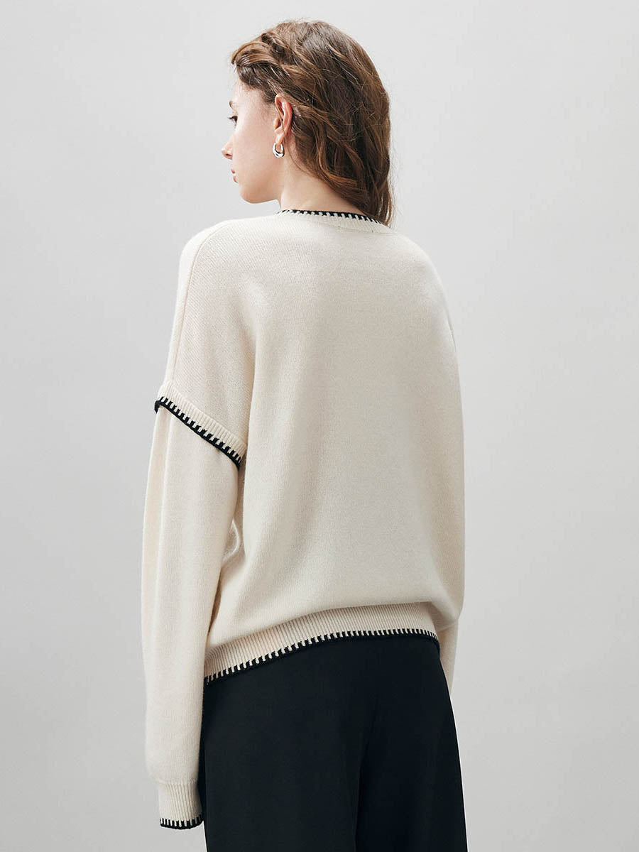 COMOBOCA 100% Wool Women's Contrast Trim Knit Sweater