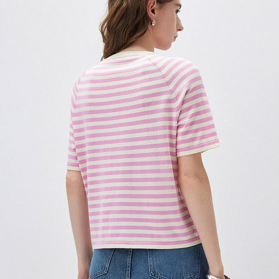 COMOBOCA Women's Striped Embroidered Pocket Knit T-Shirt