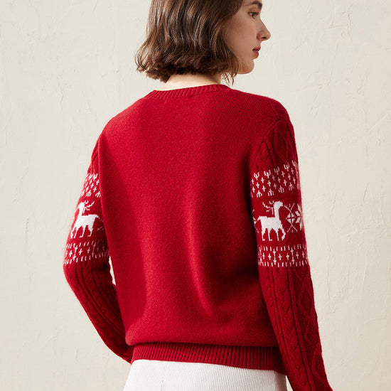 COMOBOCA 100% Cashmere Women's Cozy Reindeer Fair Isle Knit Sweater