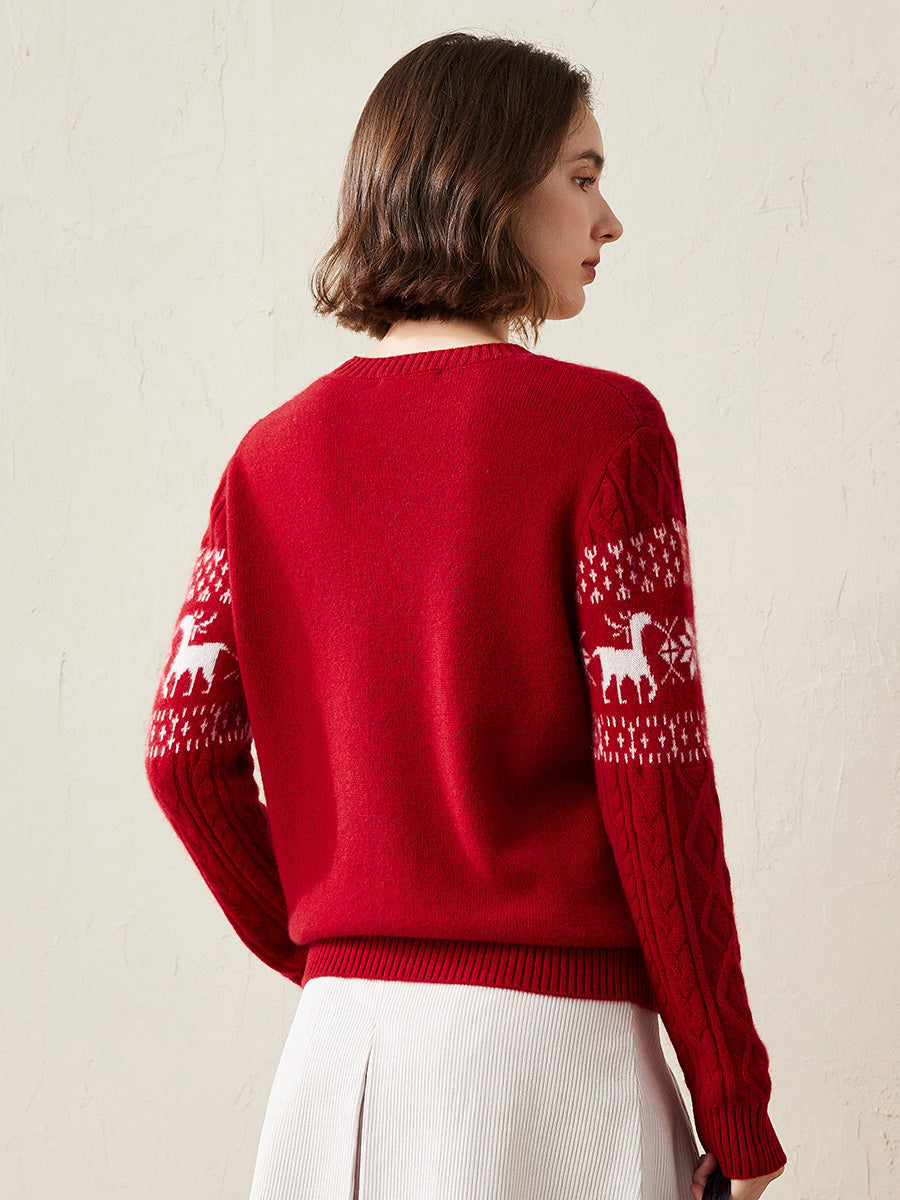 COMOBOCA 100% Cashmere Women's Cozy Reindeer Fair Isle Knit Sweater