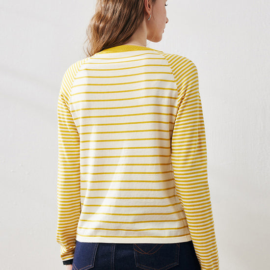 COMOBOCA Women's Cotton Silk Striped Smiley Patch T-Shirt Knit Sweater