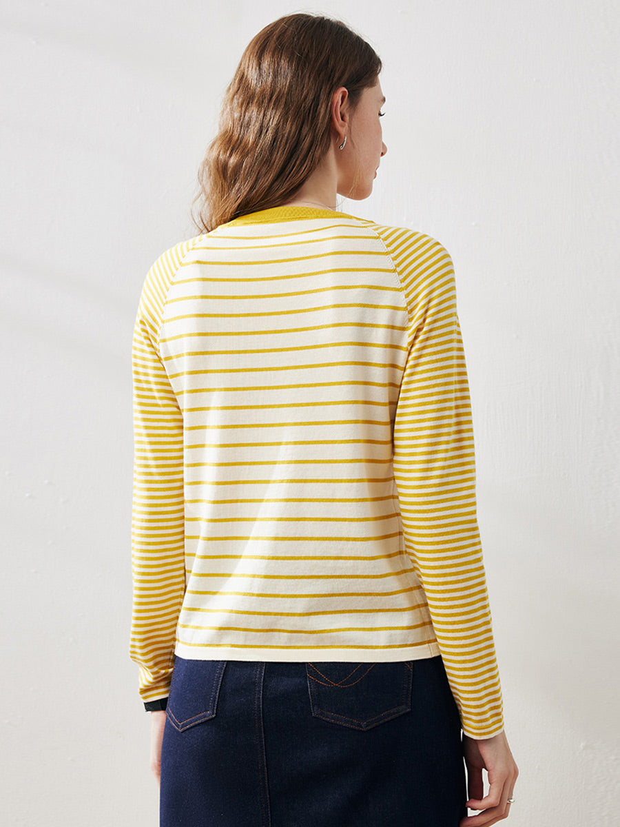 COMOBOCA Women's Cotton Silk Striped Smiley Patch T-Shirt Knit Sweater