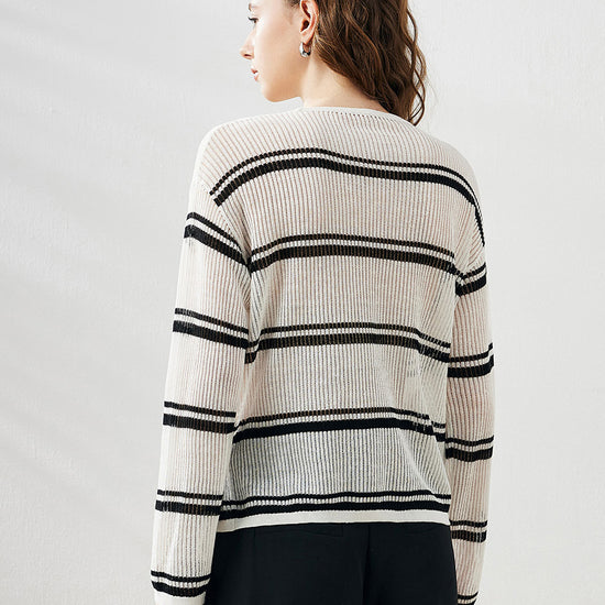 COMOBOCA Women's Striped Ribbed Round Neck Sweater