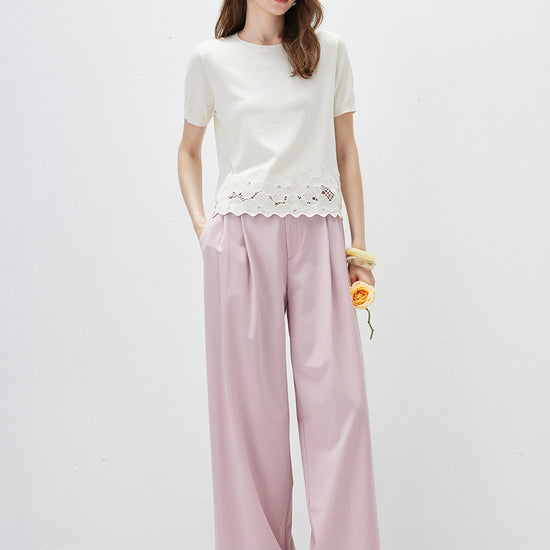 COMOBOCA Women's Floral Lace Trim Knit T-Shirt