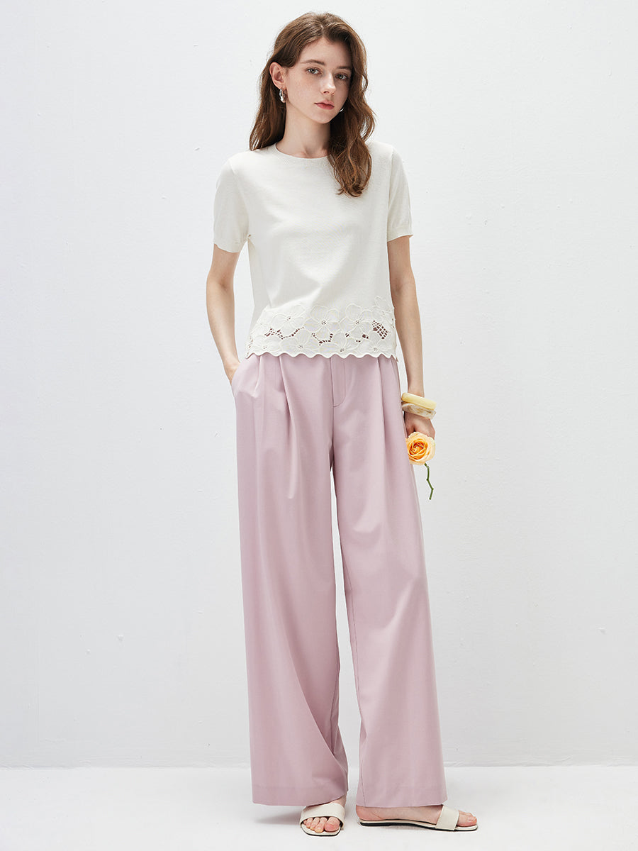 COMOBOCA Women's Floral Lace Trim Knit T-Shirt