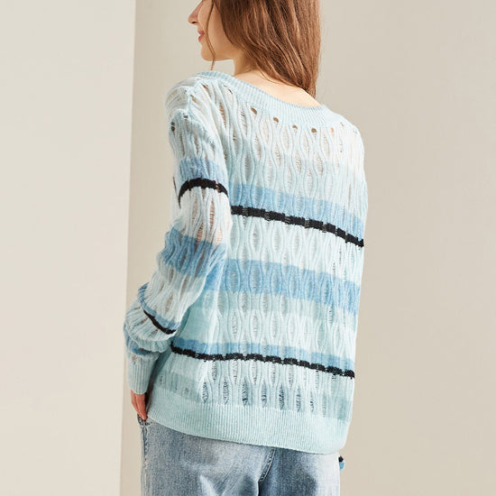 COMOBOCA 100% Cashmere Women's Striped V-Neck Knit Sweater