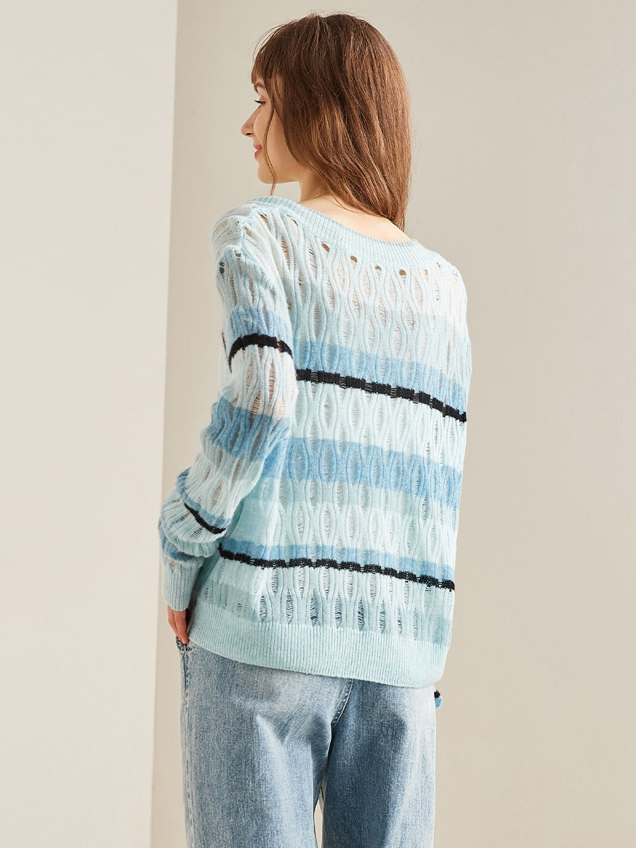 COMOBOCA 100% Cashmere Women's Striped V-Neck Knit Sweater