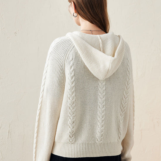 COMOBOCA 100% Wool Women's Cardigan Cable Knit Hoodie