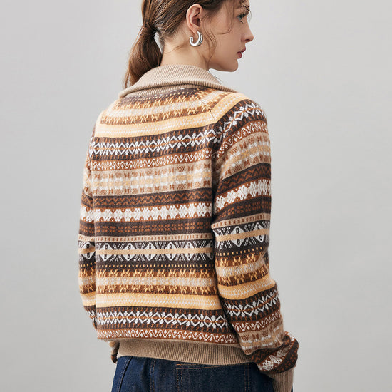 COMOBOCA 100% Cashmere Women's Fair Isle Half Zip Sweater