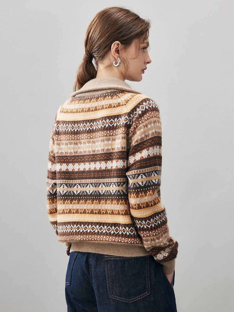 COMOBOCA 100% Cashmere Women's Fair Isle Half Zip Sweater