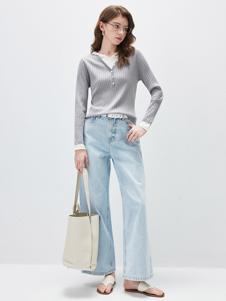 COMOBOCA Women's Layered Ribbed Knit Hooded Henley Top