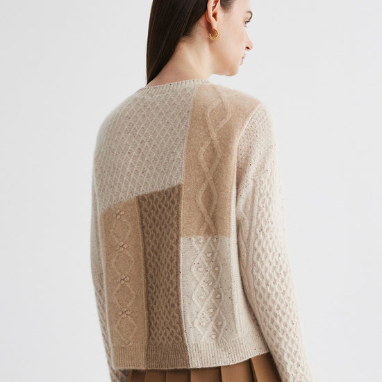 COMOBOCA 100% Cashmere Women's Patchwork Cable Knit Sweater
