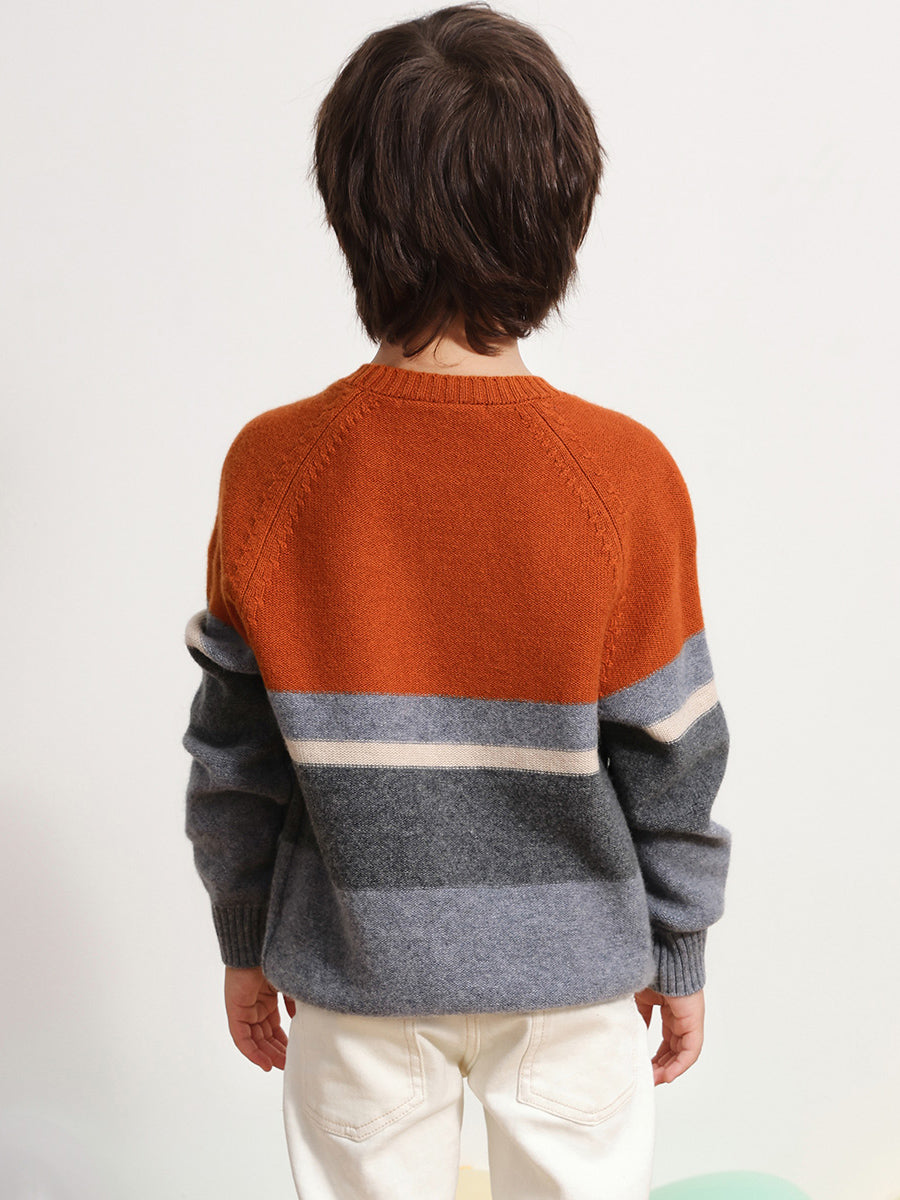 COMOBOCA 100% Wool Kids' Round Neck Striped Sweater