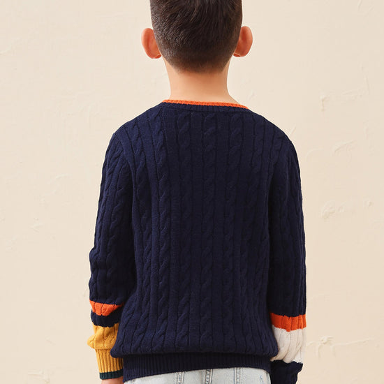 COMOBOCA 100% Wool Kids' Cable Knit Sweater with Color Block Detail