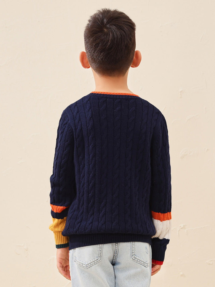 COMOBOCA 100% Wool Kids' Cable Knit Sweater with Color Block Detail
