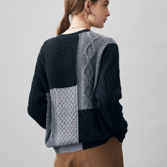 COMOBOCA 100% Cashmere Women's Patchwork Cable Knit Sweater