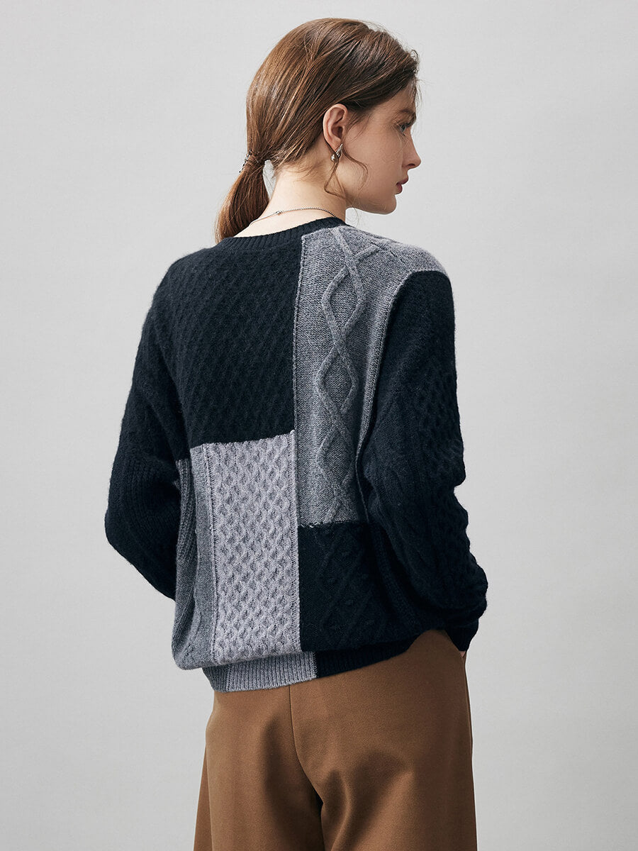 COMOBOCA 100% Cashmere Women's Patchwork Cable Knit Sweater