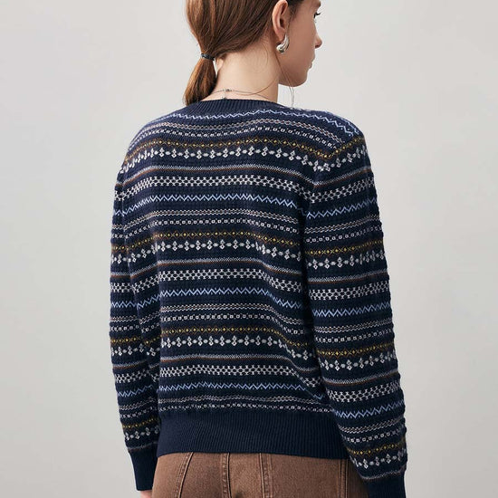 COMOBOCA 100% Cashmere Women's Fair Isle Round Neck Sweater