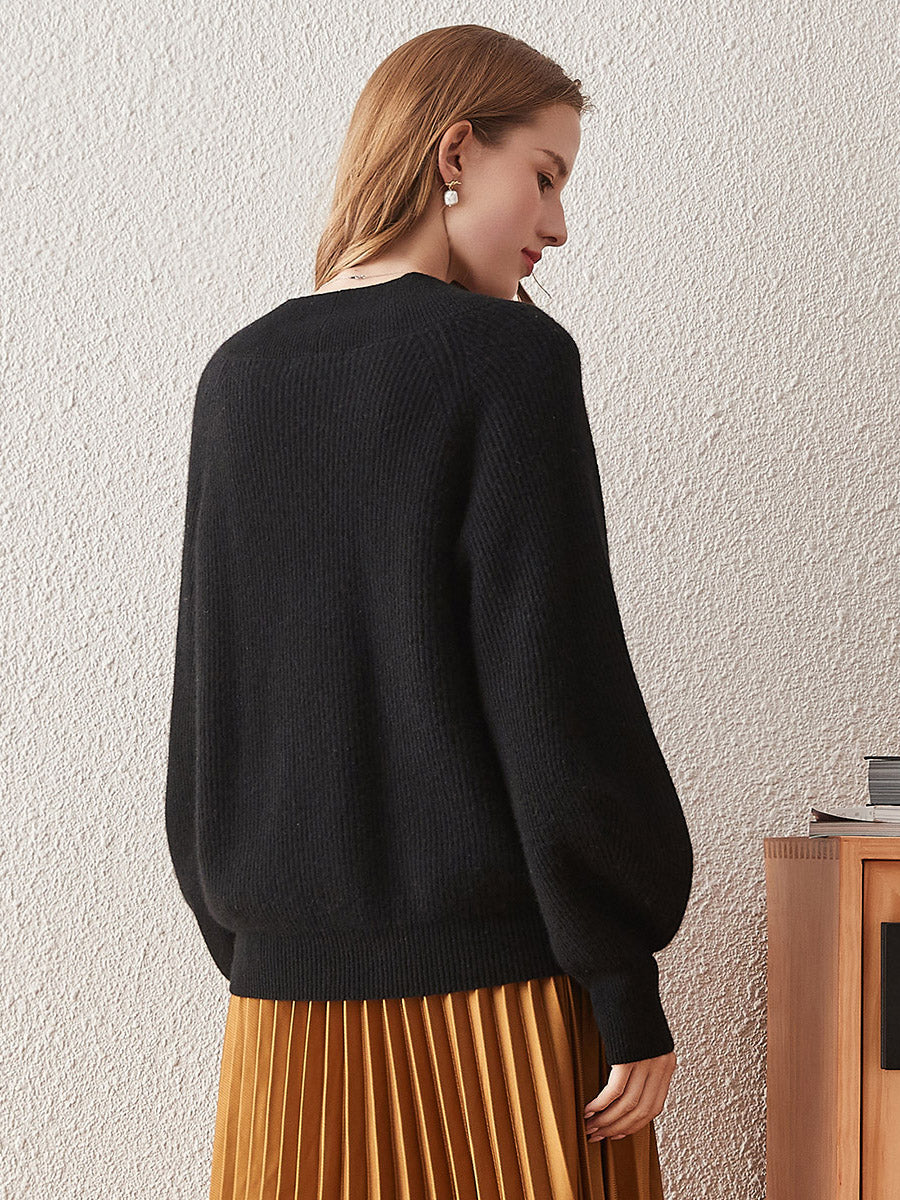 COMOBOCA 100% Cashmere Women's Lantern Sleeve V-Neck Knit Sweater
