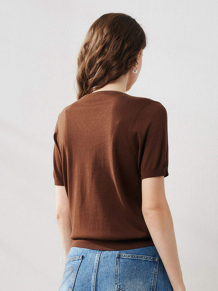 COMOBOCA Women's Lyocell V-Neck Ribbed Knit T-Shirt