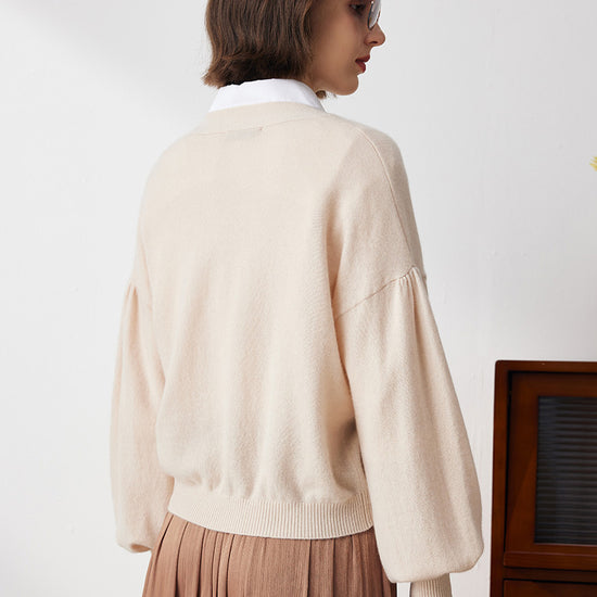 COMOBOCA 100% Cashmere Women's Puff Sleeve Knit Cardigan