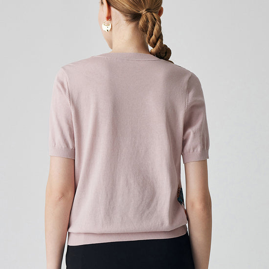 COMOBOCA Women's Cotton Silk Floral Ribbed Print Knit T-Shirt