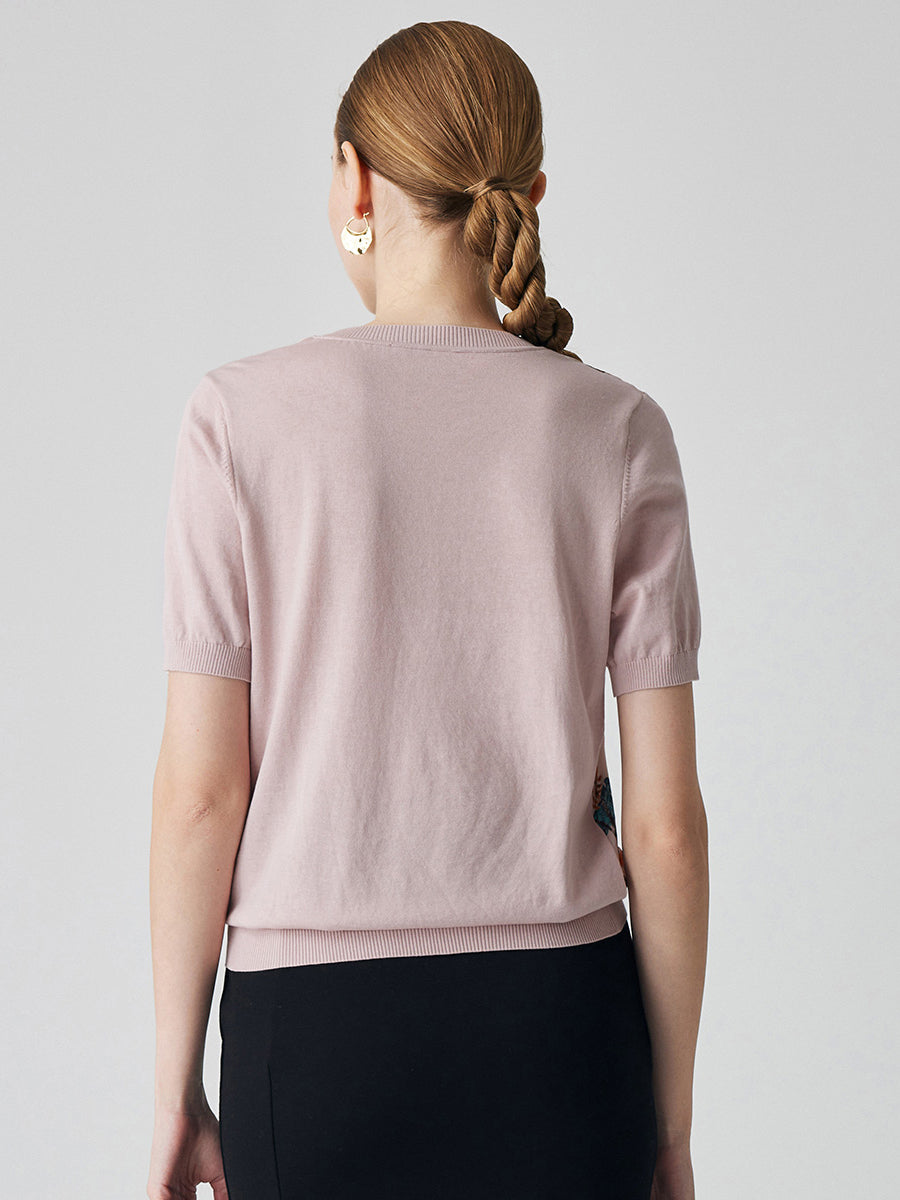 COMOBOCA Women's Cotton Silk Floral Ribbed Print Knit T-Shirt