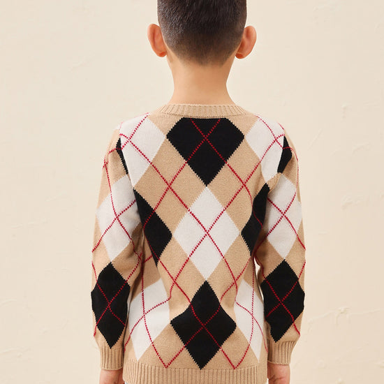 COMOBOCA 100% Wool Kids' Ribbed Argyle Knit Sweater