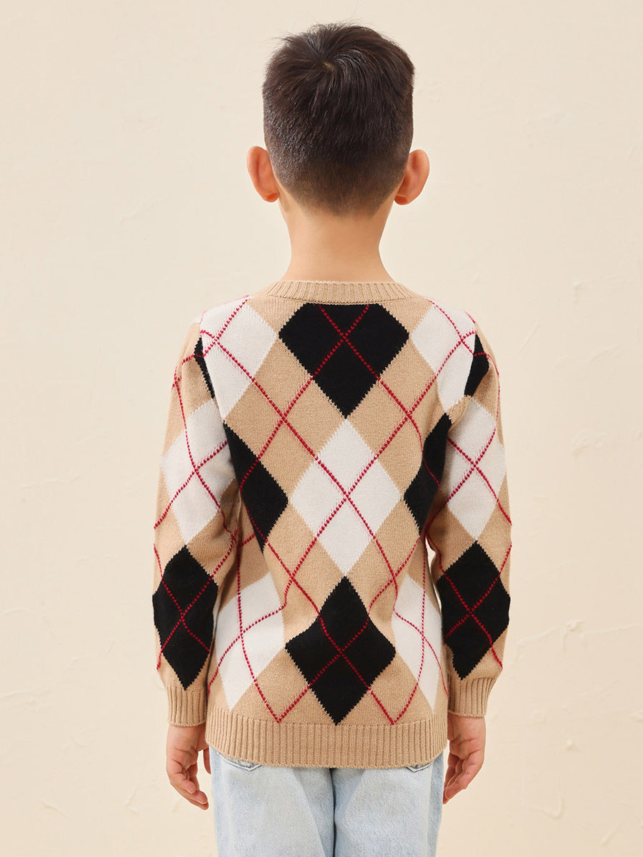 COMOBOCA 100% Wool Kids' Ribbed Argyle Knit Sweater