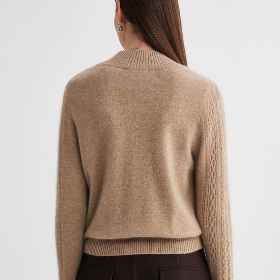 COMOBOCA 100% Cashmere Women's Cable Knit Mock Neck Zip Up Cardigan