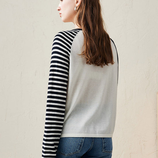 COMOBOCA 100% Wool Women's Striped Sleeve Contrast Knit Worsted Sweater