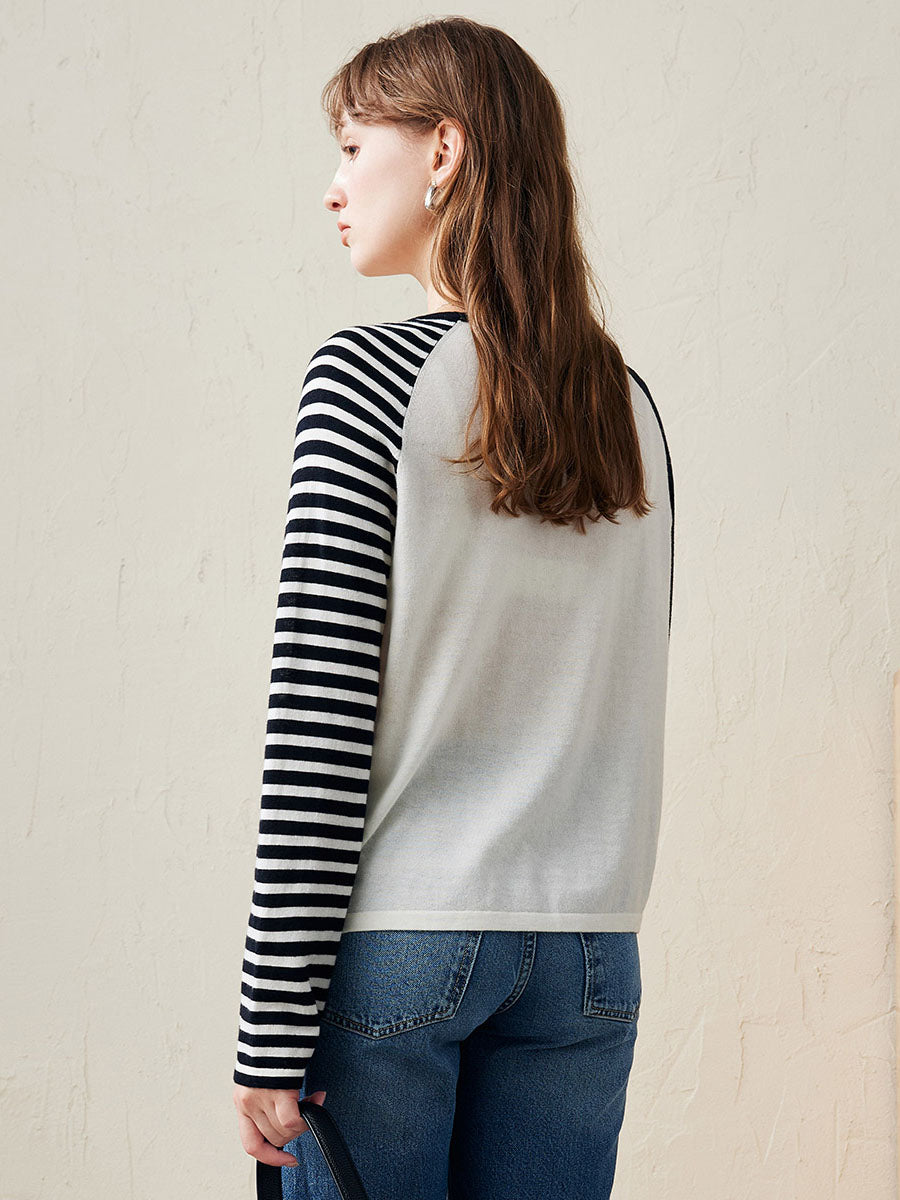 COMOBOCA 100% Wool Women's Striped Sleeve Contrast Knit Worsted Sweater