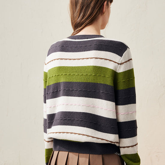 COMOBOCA 100% Wool Women's Cozy Striped Knit Sweater