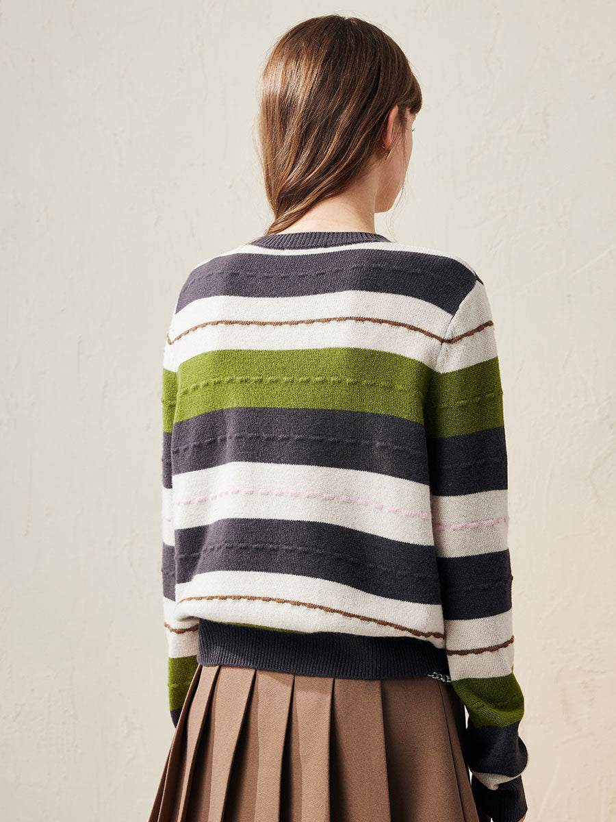 COMOBOCA 100% Wool Women's Cozy Striped Knit Sweater