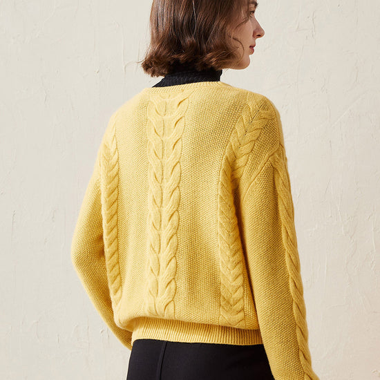 COMOBOCA 100% Cashmere Women's Cable Knit V-Neck Sweater