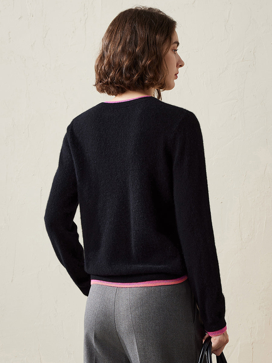 COMOBOCA 100% Cashmere Women's Color Accented Knit Pullover Sweater